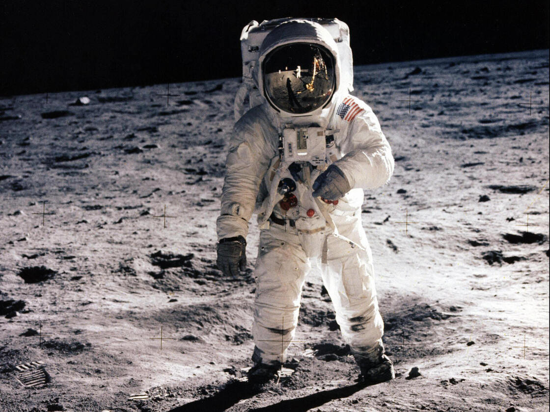 Astronaut Buzz Aldrin walks on the surface of the moon during the Apollo 11 extravehicular activity on July 20, 1969.