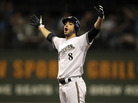 Ryan Braun #8 of the Milwaukee Brewers reacts after hitting a double in Game Five of the National League Division Series, last year in Milwaukee. Ryan Braun #8 of the Milwaukee Brewers reacts after hitting a double in Game Five of the National League Division Series, last year in Milwaukee.