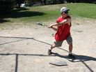 Ryan Strickland takes a practice swing. Even though most players are legally blind, batters, basemen and outfielders all wear blindfolds in Beep Baseball so that people who can see shadows, for example, don't have an advantage. Ryan Strickland takes a practice swing. Even though most players are legally blind, batters, basemen and outfielders all wear blindfolds in Beep Baseball so that people who can see shadows, for example, don't have an advantage.