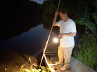 Tommy Peebles shines a light on the pond. With the help of Bick Boyte, the two Tennesseans catch frogs with homemade "gigs" for a frog leg fry they hold every year. Tommy Peebles shines a light on the pond. With the help of Bick Boyte, the two Tennesseans catch frogs with homemade "gigs" for a frog leg fry they hold every year.