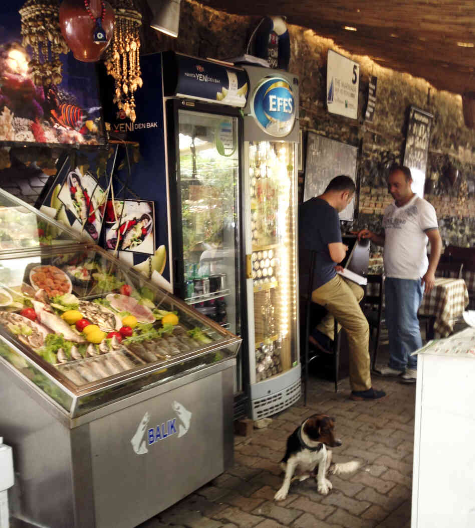 A case of seafood at Akin Balik restaurant shows off the specialty of the waterside neighborhood in Istanbul. A case of seafood at Akin Balik restaurant shows off the specialty of the waterside neighborhood in Istanbul.