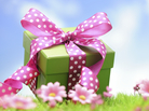 A green gift box with a pink bow in a flowery field with blue skies above. A green gift box with a pink bow in a flowery field with blue skies above.
