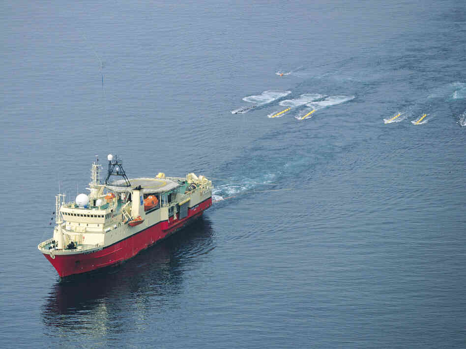 An industry vessel tows a seismic air gun array. The guns, which help with oil exploration, are one of the biggest culprits of underwater noise. An industry vessel tows a seismic air gun array. The guns, which help with oil exploration, are one of the biggest culprits of underwater noise.