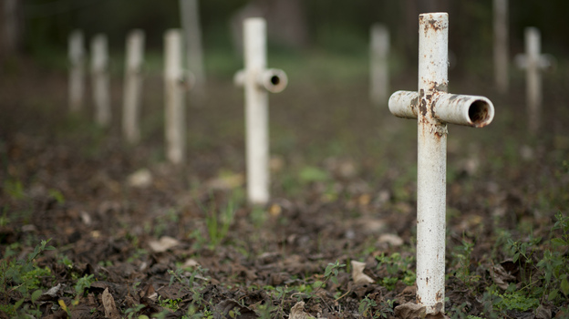 Metal crosses mark graves at the cemetery of the former Arthur Dozier School for Boys in Marianna, Fla. Investigators in Florida using ground-penetrating radar and soil samples say there are nearly 100 unmarked graves on the grounds. (Image credit: Reuters/Landov)