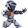 A 3-D rendering of a robot playing American football.