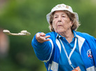 Hazel Trexler-Campbell throws spray-painted horseshoes during the Senior Games in Cleveland on July 23. Hazel Trexler-Campbell throws spray-painted horseshoes during the Senior Games in Cleveland on July 23.