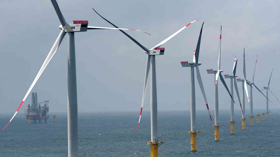 The offshore wind farm in the North Sea near Borkum, Germany, is nearly complete. The Riffgat facility, seen here on June 23, includes 30 turbines, each with a generating capacity of 3.6 megawatts. The offshore wind farm in the North Sea near Borkum, Germany, is nearly complete. The Riffgat facility, seen here on June 23, includes 30 turbines, each with a generating capacity of 3.6 megawatts.