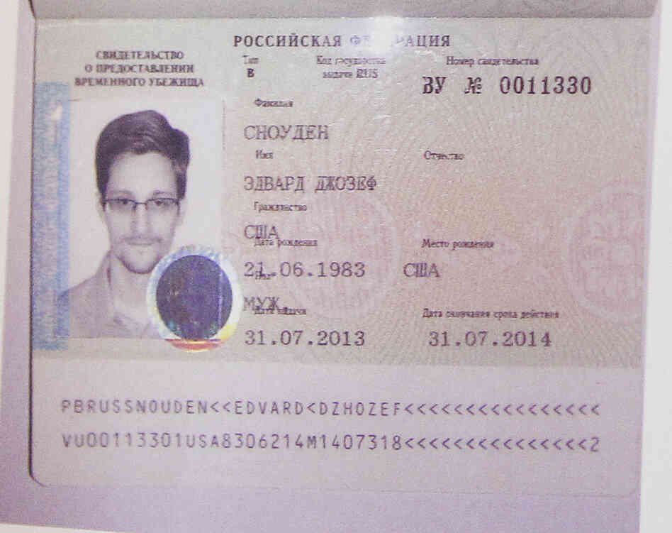 Edward Snowden's new refugee documents, which were shown by his lawyer. Edward Snowden's new refugee documents, which were shown by his lawyer.