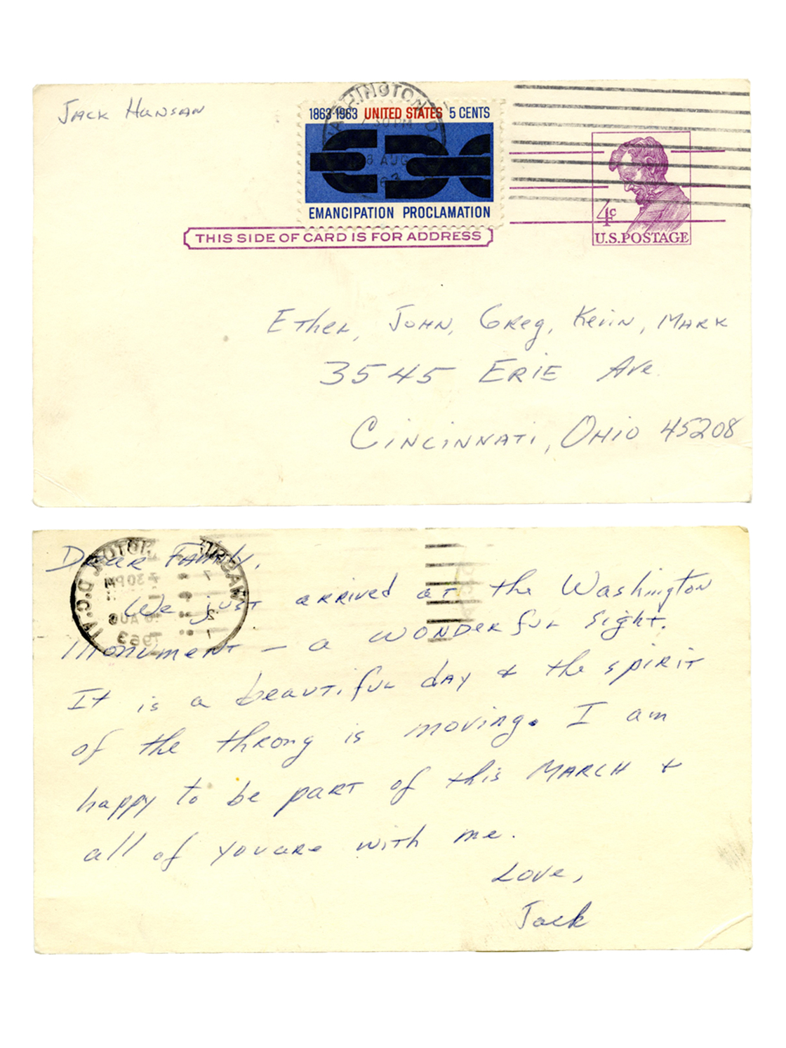 Hansan sent his wife and four sons a postcard on the day of the march. Back in Ohio, his wife says she was "living it vicariously" via the television broadcast.