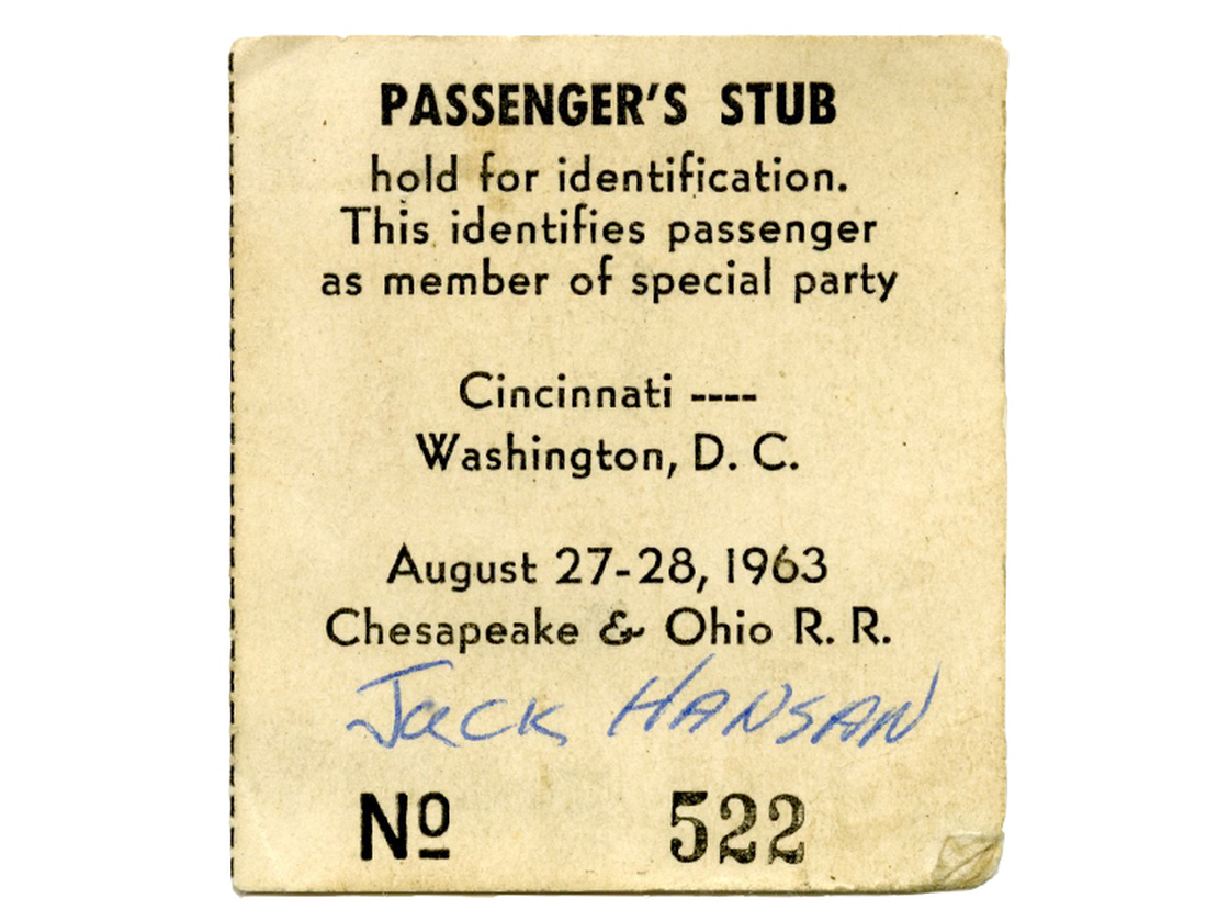 Hansan rode a chartered train to the capital with 500 other members of the Cincinnati Committee for the March On Washington. Fifty years later, he still has his ticket stub.