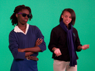 Jayda Neor and Kephra Shaw Meredith, seventh-graders from KIPP Bridge middle school in Oakland, Calif., perform a rap song about the discovery of DNA's structure in front of a green screen. Jayda Neor and Kephra Shaw Meredith, seventh-graders from KIPP Bridge middle school in Oakland, Calif., perform a rap song about the discovery of DNA's structure in front of a green screen.