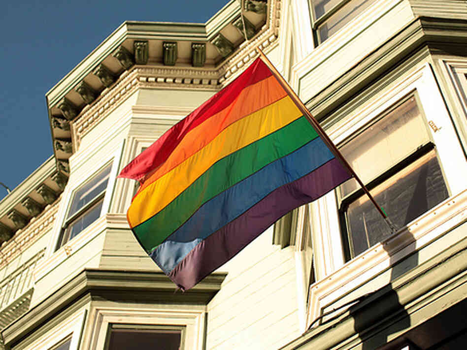 A rainbow flag against a San Francisco roofline. A rainbow flag against a San Francisco roofline.