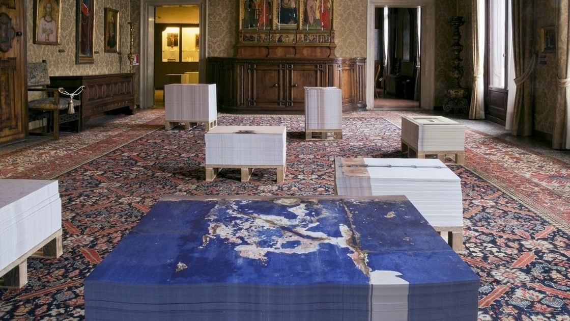 The Angolan exhibit consists of tall stacks of large photographic posters by artist Edson Chagas. The country, which is exhibiting at Venice for the first time, won the Golden Lion award for best national pavilion.