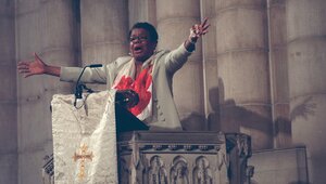 Angelou speaks during a memorial service for Betty Shabazz, the widow of Malcolm X, at Riverside Church in Harlem, N.Y., on June 29, 1997.