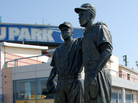 Before the damage: The statue of Pee Wee Reese and Jackie Robinson, outside the stadium where the minor league Brooklyn Cyclones play. Before the damage: The statue of Pee Wee Reese and Jackie Robinson, outside the stadium where the minor league Brooklyn Cyclones play.