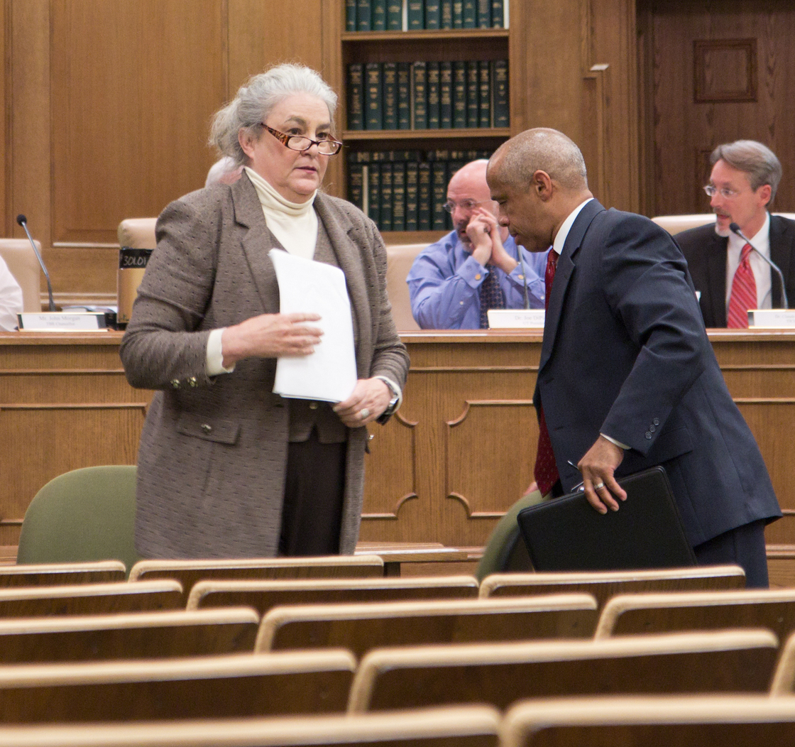 In this 2011 photo, Tennessee Education Lottery President and CEO Rebecca Paul Hargrove and her finance officer, Andy Davis, stand after completing a presentation to a state Senate task force in Nashville.