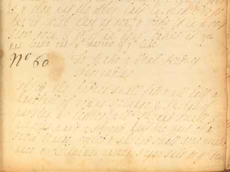 This handwritten recipe for veal kidney pie, from The Unknown Ladies Cookbook, includes a surprising combination of ingredients, including kidney, lettuce, apples, currants and rosewater. It is heavily spiced with mace, cinnamon and nutmeg and sweetened with sugar. This handwritten recipe for veal kidney pie, from The Unknown Ladies Cookbook, includes a surprising combination of ingredients, including kidney, lettuce, apples, currants and rosewater. It is heavily spiced with mace, cinnamon and nutmeg and sweetened with sugar.
