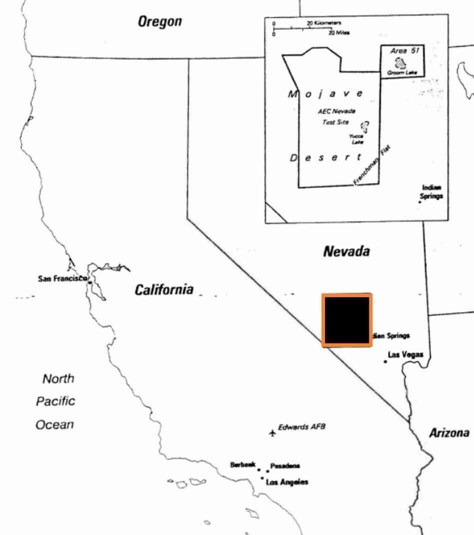 The CIA's map showing the location of Area 51 (we added an orange border and black box to make it stand out). The CIA's map showing the location of Area 51 (we added an orange border and black box to make it stand out).