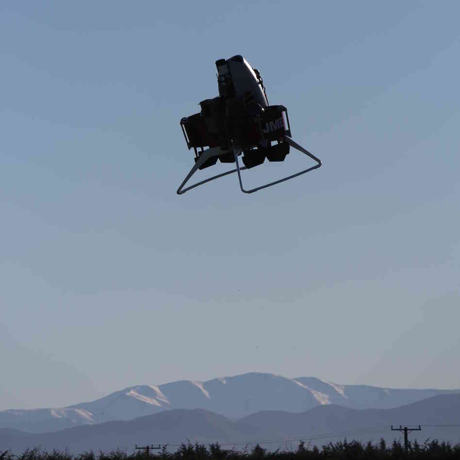 The Martin Jetpack has reached 5,000 feet. Here an unmanned version is flown via remote control. The Martin Jetpack has reached 5,000 feet. Here an unmanned version is flown via remote control.