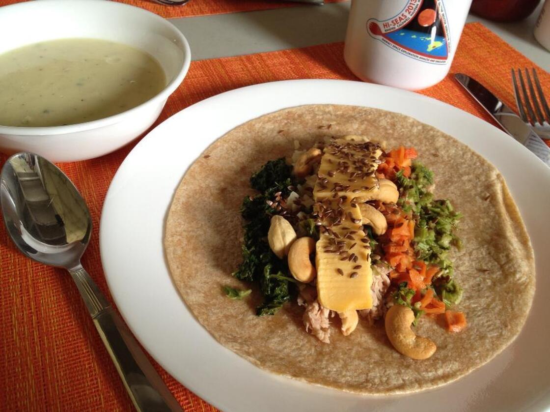 Wraps of all kinds were a big hit with the crew. Here's one take: a tuna wrap filled with rehydrated vegetables.