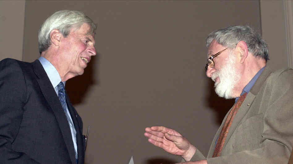 John Hollander (right) inducts George Plimpton into the American Academy of Arts and Letters at a 2002 ceremony in New York. John Hollander (right) inducts George Plimpton into the American Academy of Arts and Letters at a 2002 ceremony in New York.