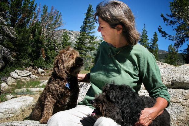 Judith Curry with her dogs, Rosie (left) and Bruno, in the mountains near Lake Tahoe. The climatologist focuses on the uncertainties of climate change far more than on the consensus of climate scientists. (Image credit: NPR)