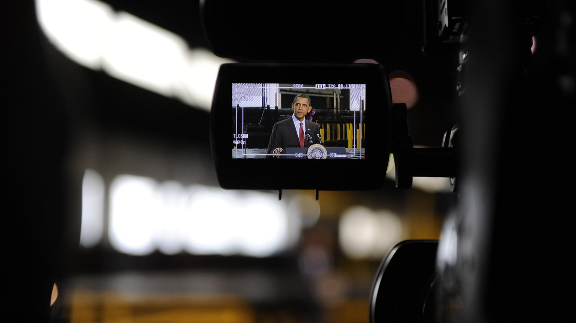President Obama is seen on a video camera as he delivers a speech in Youngstown, Ohio, in 2010. In addition to footage of official events, the White House now has thousands of hours of behind-the-scenes video that it will archive.
