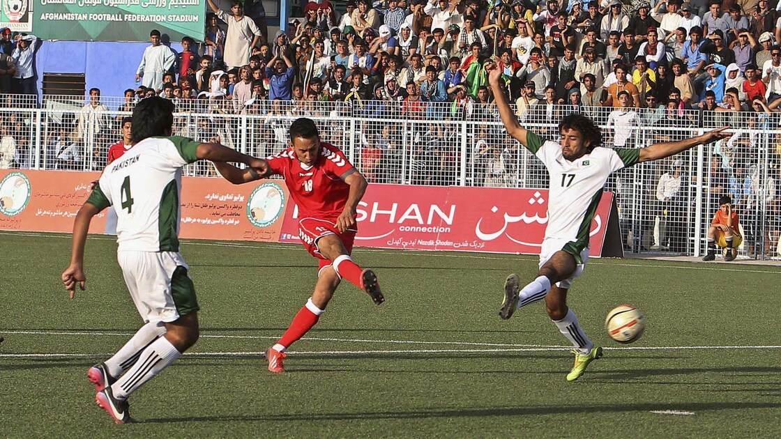 Afghanistan and Pakistan, countries that have a history of tense relations, played their first soccer match in nearly 40 years when they met Aug. 20 in Kabul. Afghanistan (in red) won 3-0.