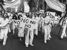 Bread and Puppet Theater performs during a protest in New York in June 1982. Bread and Puppet Theater performs during a protest in New York in June 1982.