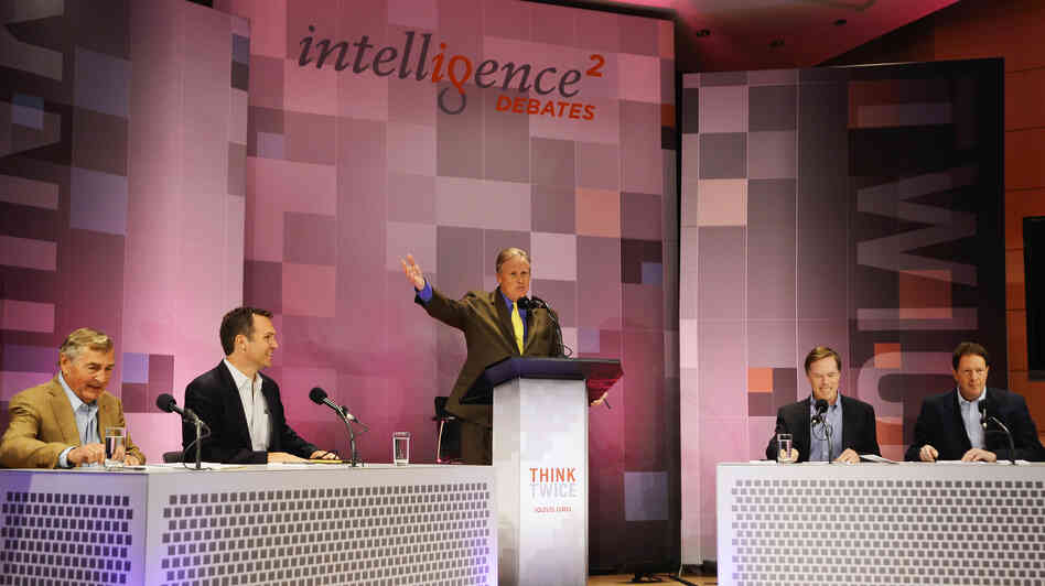 John Donvan moderates an Intelligence Squared U.S. debate on Syria at the Aspen Institute in Aspen, Colo. Those debating are: (from left) Graham Allison, Richard Falkenrath, Nicholas Burns and Nigel Sheinwald.