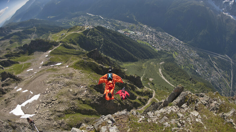 In 2012, these two base jumpers wearing wingsuits were high above Chamonix in the French Alps. In 2012, these two base jumpers wearing wingsuits were high above Chamonix in the French Alps.