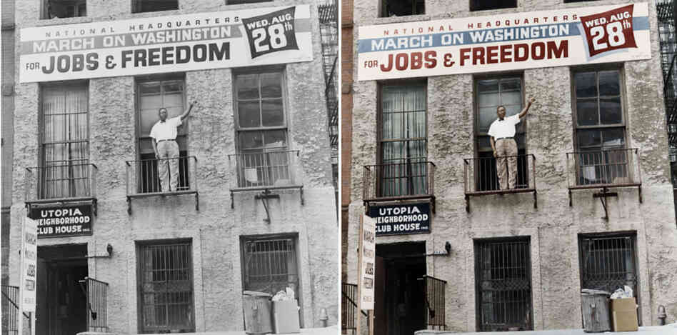 Cleveland Robinson stands on the second floor balcony of the National Headquarters of the March on Washington in Harlem, N.Y. Colorized by B. Cakebread. Cleveland Robinson stands on the second floor balcony of the National Headquarters of the March on Washington in Harlem, N.Y. Colorized by B. Cakebread.