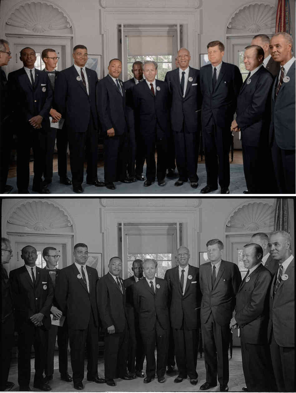 Civil rights leaders meet with President John F. Kennedy in the oval office of the White House after the March on Washington. Colorized by Mads Madsen. Civil rights leaders meet with President John F. Kennedy in the oval office of the White House after the March on Washington. Colorized by Mads Madsen.
