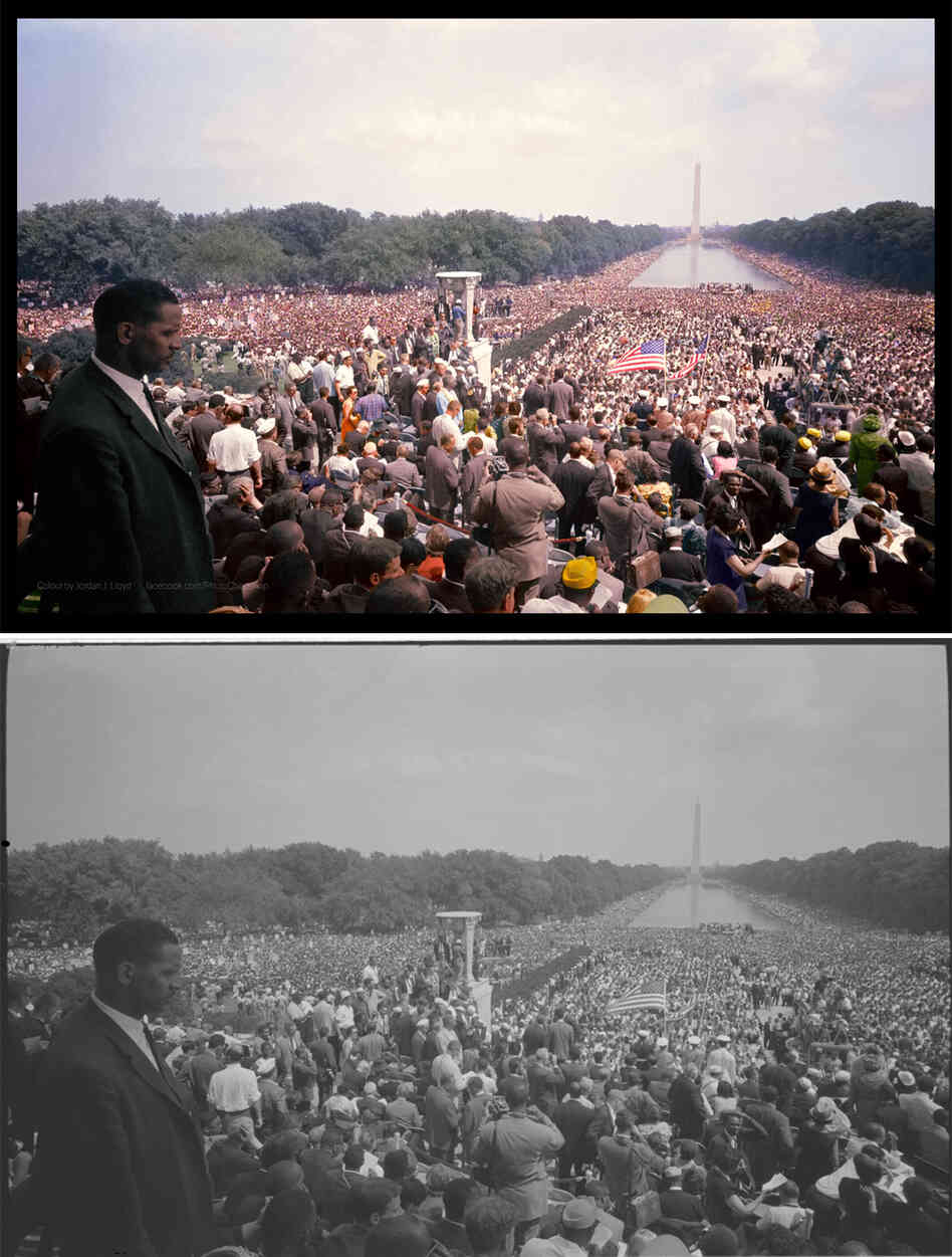 View of the huge crowd from the Lincoln Memorial to the Washington Monument. Colorized by Jordan J. Lloyd. View of the huge crowd from the Lincoln Memorial to the Washington Monument. Colorized by Jordan J. Lloyd.