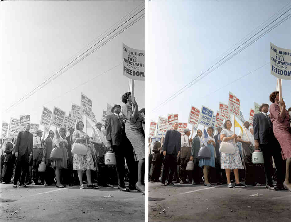 Demonstrators march through the streets. Colorized by Paul Edwards. Demonstrators march through the streets. Colorized by Paul Edwards.