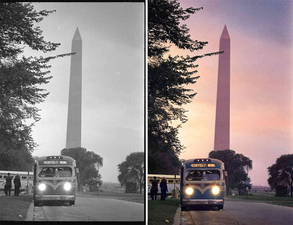 A bus leaves Washington after the march. Colorized by Rick Pierce. A bus leaves Washington after the march. Colorized by Rick Pierce.