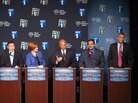 The Democratic candidates for mayor of New York City face off for a debate on Aug. 21. From left: Anthony Weiner, Sal Albanese, John Liu, Christine Quinn, Bill Thompson, Erick Salgado and Bill de Blasio. The Democratic candidates for mayor of New York City face off for a debate on Aug. 21. From left: Anthony Weiner, Sal Albanese, John Liu, Christine Quinn, Bill Thompson, Erick Salgado and Bill de Blasio.