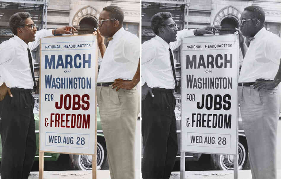 Bayard Rustin (left), deputy director of the March on Washington, and Cleveland Robinson, chairman of administrative committee. Colorized by Cyriel Roumen. Bayard Rustin (left), deputy director of the March on Washington, and Cleveland Robinson, chairman of administrative committee. Colorized by Cyriel Roumen.