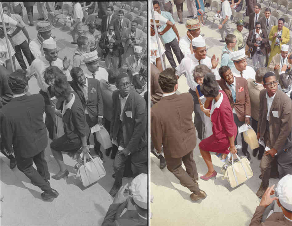 Sammy Davis, Jr., waving to the crowd at the Lincoln Memorial. Colorized by Will Doran. Sammy Davis, Jr., waving to the crowd at the Lincoln Memorial. Colorized by Will Doran.