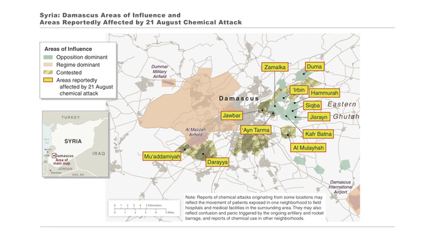 The areas where the U.S. says Syria used chemical weapons. (White House)