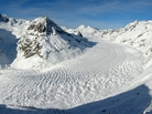 The Alps' largest glacier, Aletsch Glacier, extends more than 14 miles and covers more than 46 square miles. The Alps' largest glacier, Aletsch Glacier, extends more than 14 miles and covers more than 46 square miles.