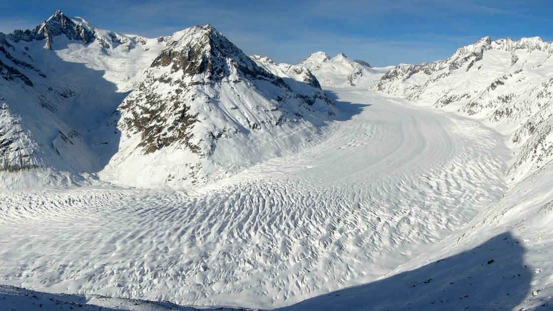 The Alps' largest glacier, Aletsch Glacier, extends more than 14 miles and covers more than 46 square miles.