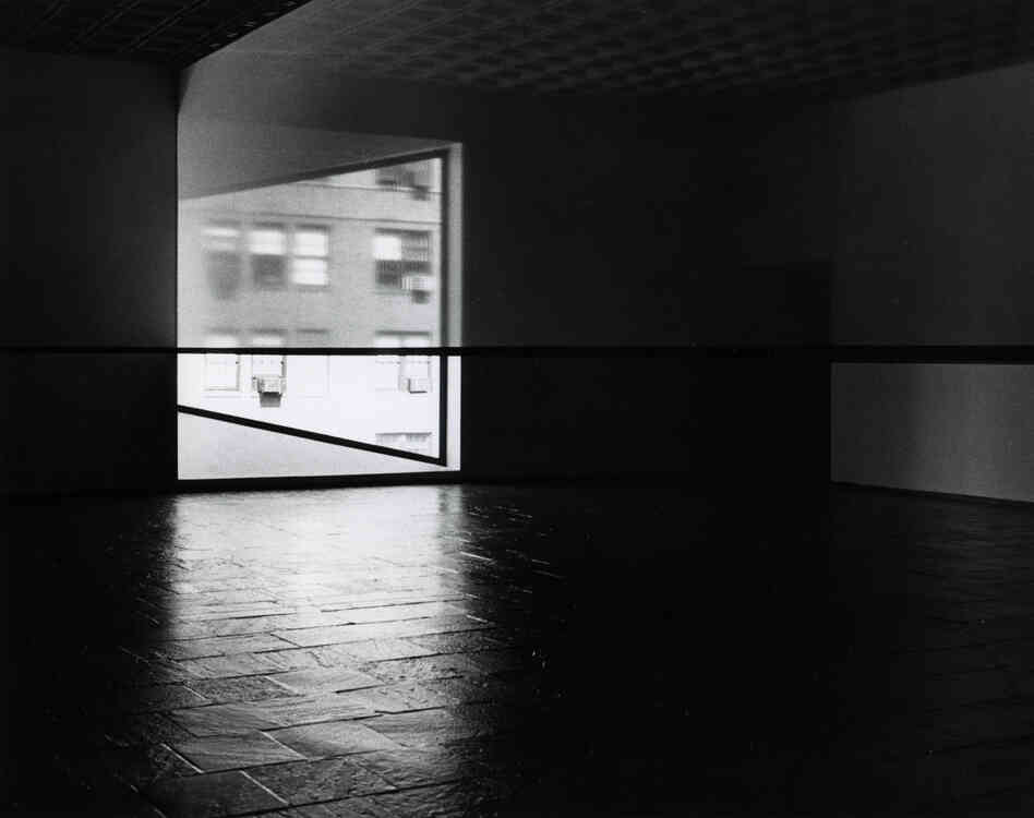 A photo from the 1977 debut of Robert Irwin's Scrim Veil--Black Rectangle--Natural Light at the Whitney Museum of American Art. A photo from the 1977 debut of Robert Irwin's Scrim Veil--Black Rectangle--Natural Light at the Whitney Museum of American Art.