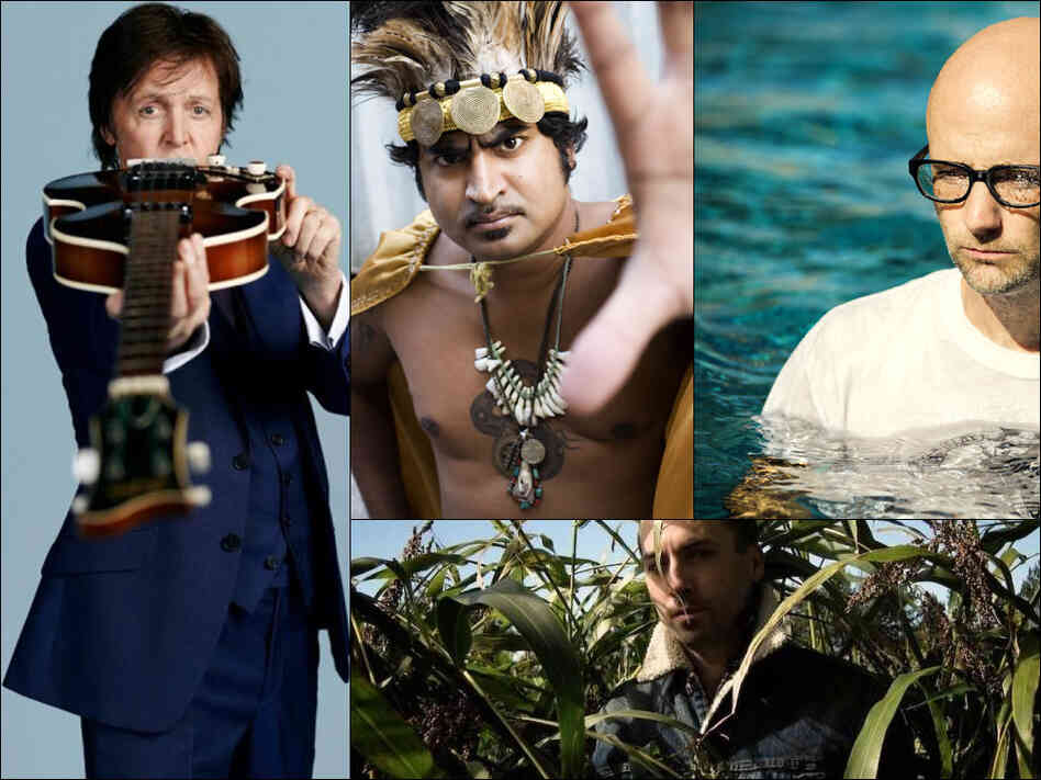 Clockwise from upper left: Paul McCartney, King Khan & The Shrines, Moby, Tim Hecker. Clockwise from upper left: Paul McCartney, King Khan & The Shrines, Moby, Tim Hecker.
