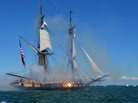 The U.S. Brig Niagara is a replica of the ship Oliver Hazard Perry sailed to victory. The Niagara carries four carronades, or short-range cannons. The original ship was outfitted with 18 carronades that could shoot a 32-pound ball about half a mile. The U.S. Brig Niagara is a replica of the ship Oliver Hazard Perry sailed to victory. The Niagara carries four carronades, or short-range cannons. The original ship was outfitted with 18 carronades that could shoot a 32-pound ball about half a mile.