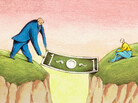 Businessman Laying Dollar Over Chasm Businessman Laying Dollar Over Chasm