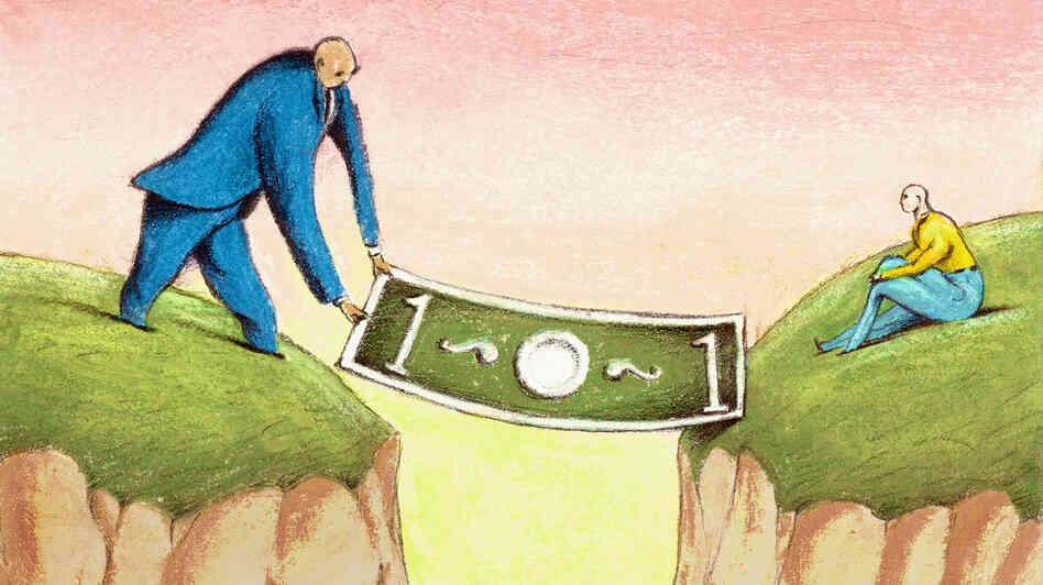Businessman Laying Dollar Over Chasm Businessman Laying Dollar Over Chasm