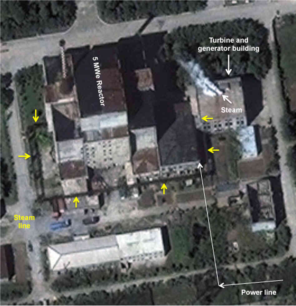 This is a DigitalGlobe image of the 5-megawatt (electric) reactor at North Korea's Yongbyon facility, Aug. 31, with steam seen coming from the electrical power generation building. This is a DigitalGlobe image of the 5-megawatt (electric) reactor at North Korea's Yongbyon facility, Aug. 31, with steam seen coming from the electrical power generation building.