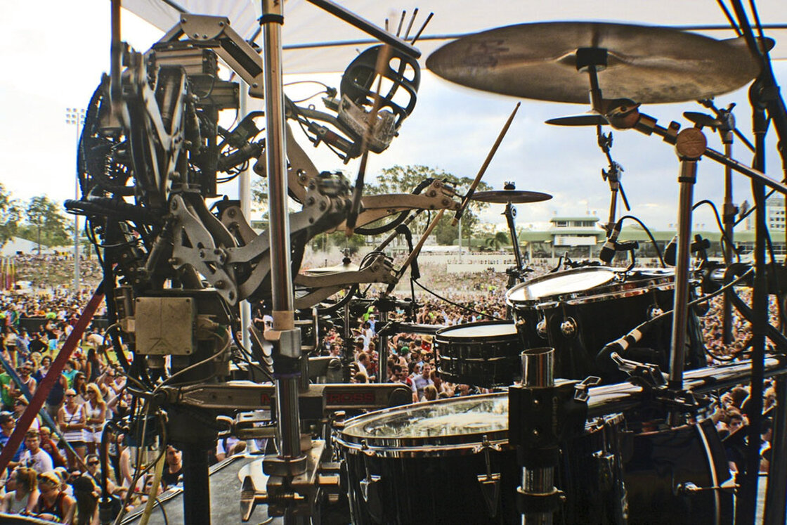 Stickboy, Compressorhead's four-armed, drummer rocks out in front of thousands of fans at the Big Day Out music festival Stickboy, Compressorhead's four-armed, drummer rocks out in front of thousands of fans at the Big Day Out music festival