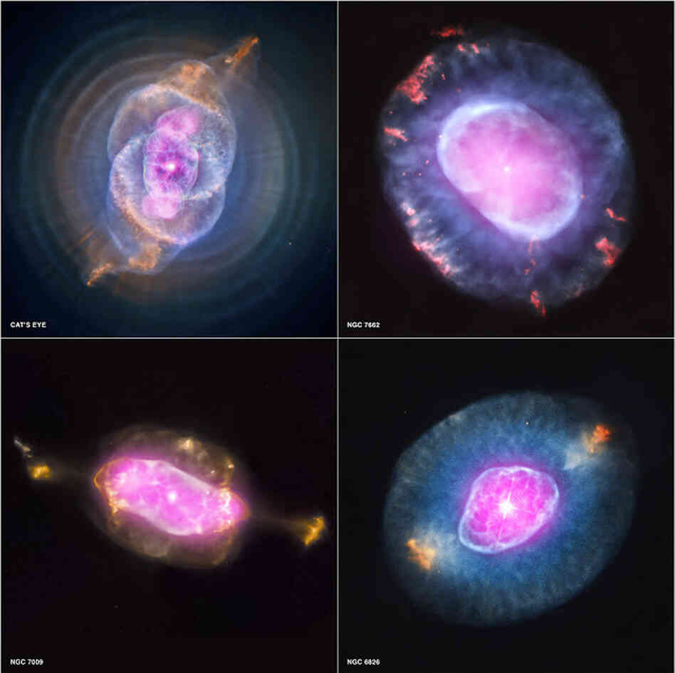 Four examples of wind-blown bubbles surrounding dying, sun-like stars. In each case the violence of collision between the wind and the surrounding gas creates a bubble filled with million-degree gas (pink) that is bounded by cooler, denser material. Four examples of wind-blown bubbles surrounding dying, sun-like stars. In each case the violence of collision between the wind and the surrounding gas creates a bubble filled with million-degree gas (pink) that is bounded by cooler, denser material.
